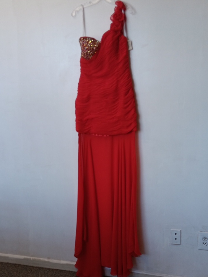 Vintage Gigi New York Red One-Shoulder Evening Gown With Beaded Bust